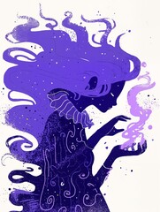 Woman with flowing purple hair holding mystical light. Abstract witch illustration for fantasy art and magical concept.