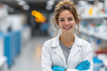 Smiling young woman scientist standing in laboratory with crossed arms, confident researcher, ideal for science communication, STEM promotion or healthcare projects