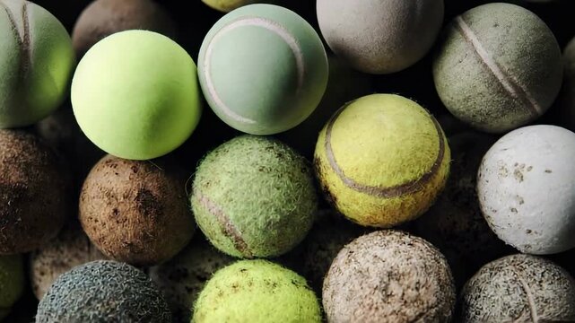 A pile of tennis balls, some bright green and others brown from dirt, packed together.