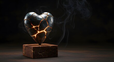 Broken Heart Sculpture with Glowing Cracks and Smoke