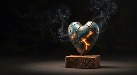 Broken Heart Sculpture with Glowing Veins