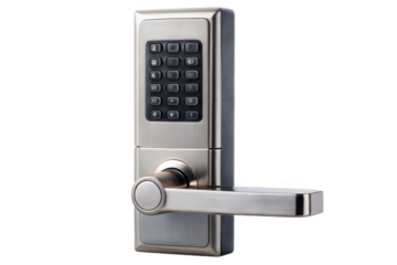 Modern digital door lock with keypad and lever isolated for security applications transparent background