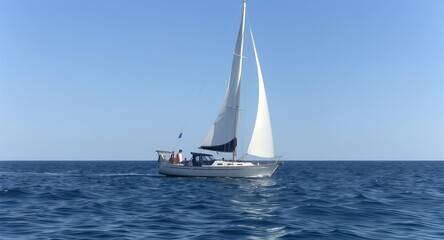 Fototapeta premium Serene Sailboat Glides Across Deep Blue Ocean Under Clear Sky.