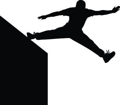 Dynamic black silhouette of a person performing an athletic parkour jump from a high ledge against a white background.