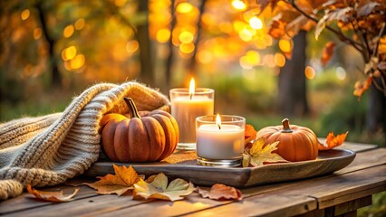 Cozy autumn scene with pumpkins, candles, and a blanket on a wooden table