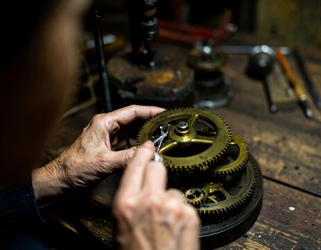 Aged hands meticulously repair clockwork gears
