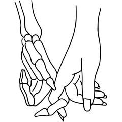 Touching human and skeleton hands in simple line art evokes poignant feelings of love and loss