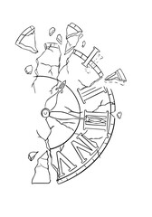 Time's shattered remains, fragmented clock face with broken Roman numerals evokes fleeting moments