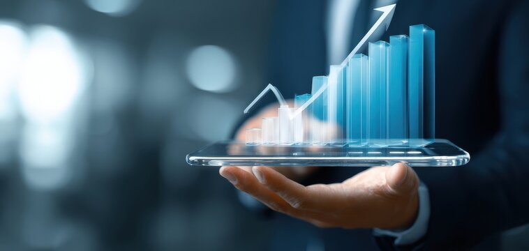 The tablet projecting a futuristic 3D bar chart with upward growth arrow
