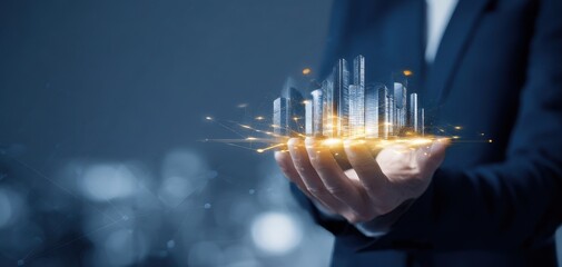 The Holographic City Model Floating Above a Businessman's Hands Representing Smart Urban Technology
