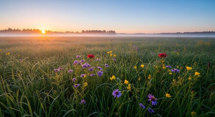 Obraz premium Sunrise Over Misty Meadow with Wildflowers and Golden Light.