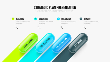 Consulting Launch Four Option Diagram Presentation Design. Sales Plan 4 Step Infographic Frame Template. Business Forecast Slideshow Layout Vector Illustration.