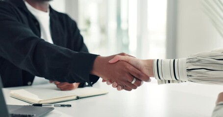 Business, people and meeting with handshake in office for welcome, greeting and hiring employee. Staff, shaking hands and thank you for job opportunity, agreement and partnership for onboarding offer - Powered by Adobe