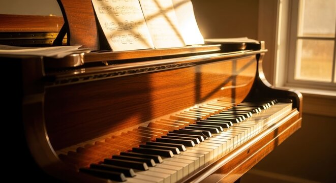 Sunlit piano corner with sheet music near window creates serene ambience