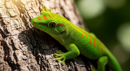 Fototapeta premium Vibrant Green Day Gecko with Orange Spots on Textured Tree Bark Bathed in Golden Sunlight.