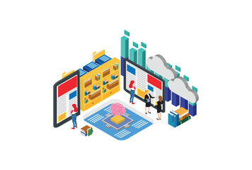 Modern Isometric Cloud Dictionary, library of encyclopedia or web archive. Technology and literature, digital culture on media library.  Suitable for Diagrams, And Other Graphic Related Assets