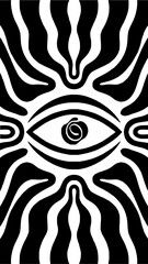 Mysterious black and white abstract eye design with swirling pattern and organic wavy lines