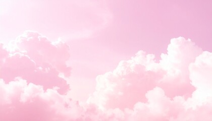 Fluffy pink clouds fill the sky with a soft, dreamy glow, creating a whimsical and peaceful scene that feels like a pastel fantasy world floating gently above the earth in serene calmness.