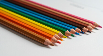 Naklejka premium Vibrant colored pencils arranged in a rainbow, perfect for creative design and artistic projects