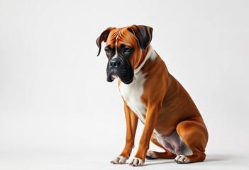 A forlorn Boxer dog sits alone against a stark white backdrop, ears drooped, eyes downcast,  emotional support animal,  isolated