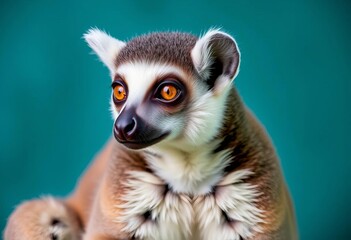 Fototapeta premium A lemur posed against a vibrant teal backdrop, creature, nature