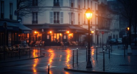 Fototapeta premium Wet street with lit lamp and cafe at dusk
