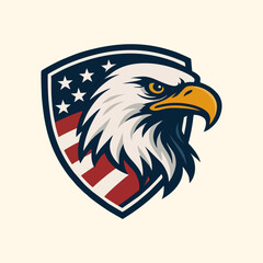 American Bald Eagle Shield Logo Design Illustration with US Flag Background – Symbol of Strength, Patriotism, and Protection