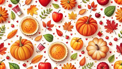 Thanksgiving pattern with pumpkins, apples, pies, and leaves isolated on white background