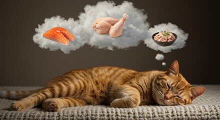 Ginger cat sleeping and dreaming of various delicious meals like chicken, salmon, and nutritious food. Pet care.