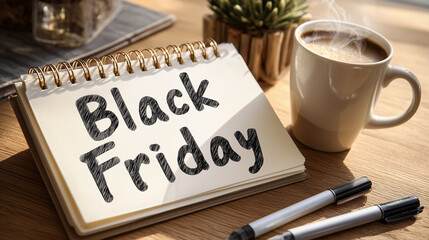 Black Friday Notebook with Coffee Cup on Cozy Blanket