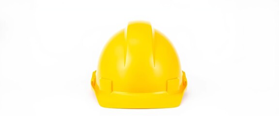 Fototapeta premium A bright yellow hard hat sits centered against a pure white background, industry, studio shot