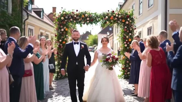 Joyful Wedding Couple's Processional:  Romantic European Street Ceremony