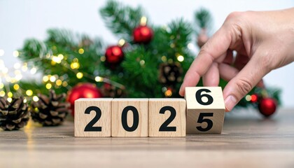 hand flipping block 2025 to 2026 text on table 