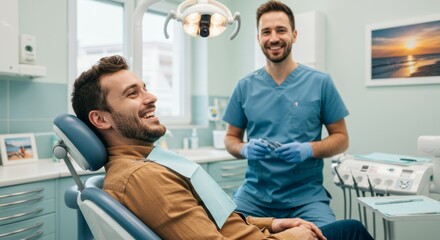 Fototapeta premium Smiling male patient in dental chair with a male dentist holding tools. Modern dental clinic for oral hygiene.