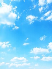 Vibrant blue sky filled with scattered fluffy white clouds, creating a serene and peaceful atmosphere perfect for backgrounds or weather concepts