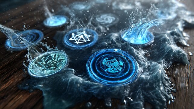 Elemental-themed user interface with shimmering water glyph effects - Powered by Adobe