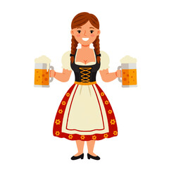 Oktoberfest Woman Holding Two Beer Mugs.