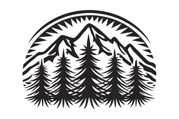 Forest and Mountain Peaks Icon Silhouette on White Background