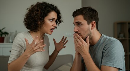 Fototapeta premium Woman arguing with a man, angry discussion at home. Couple having conflict and communication problem. Relationship difficulty for breakup theme.