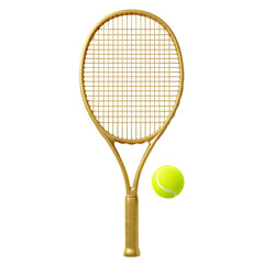 Golden tennis racket with ball rest, luxury sports equipment for elegant active lifestyle. Perfect accessory for athletes and fitness lovers. Isolated on white or transparent background. PNG format.