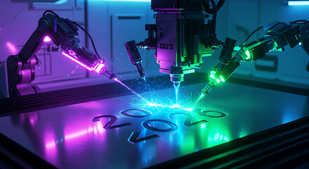 Cutting-edge laser robots precision cutting through metal surface with sparks and lights 