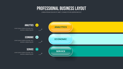 Market Launch Slideshow Template Vector Illustration. Sales Development 3 Element Diagram Slide Layout. Digital Campaign Three Step Infographic Presentation Design.