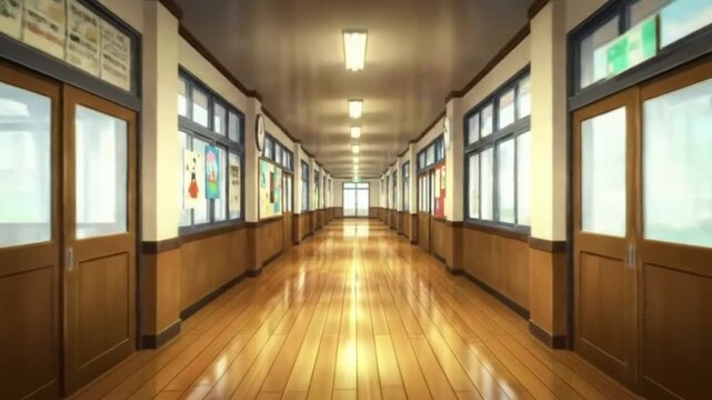 empty japanese school hallway anime style background