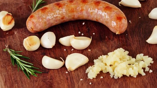 Roasted sausage with garlic and rosemary on a wooden board