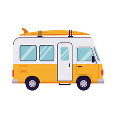 Vintage Camper Van with Surfboard on Roof.