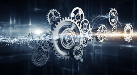 A group of interconnected gears with light streaks against a dark abstract background image scene ai generated