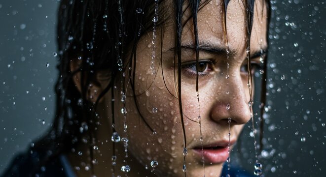 Close up of a woman with wet hair and face covered in water drops. Dramatic portrait depicting sadness or despair.