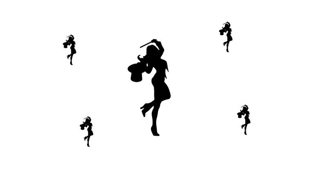 Zoom in and out animation the enchantress symbol. Large black symbol in the center and four small symbols around. Seamless looped 4k animation on white background