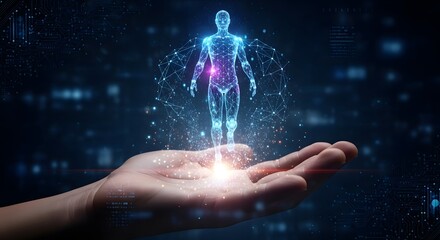 Digital Human Emerging from Hand with Futuristic Wings, AI Innovation and Cyber Technology Concept