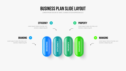 Corporate Launch Four Step Infographic Presentation Layout. Digital Analysis 4 Element Diagram Slideshow Template. Product Planning Slide Design Vector Illustration.